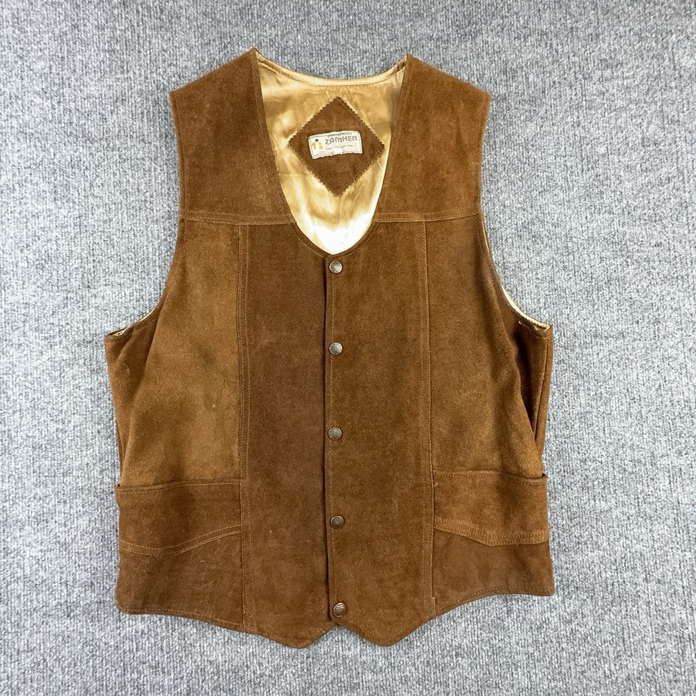Zamher Vest Mens Medium Brown Suede leather Button Front Lined Western Mexico